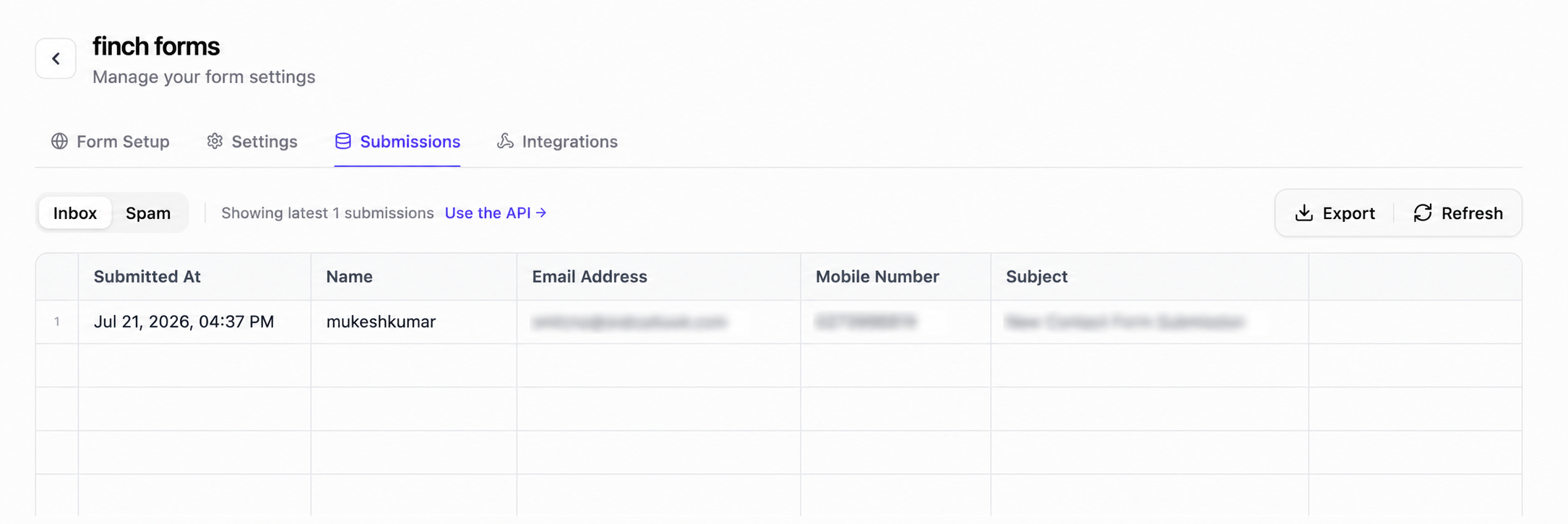 Finch Forms submissions inbox showing a real enquiry received through the rebuilt website, with contact details redacted