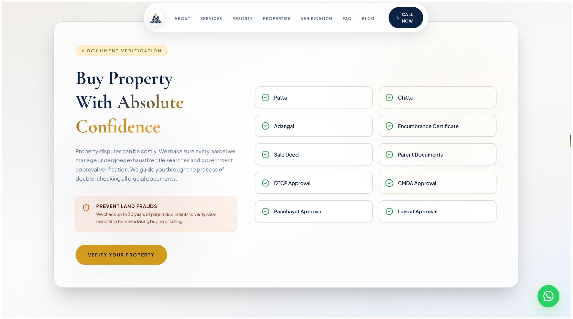 Om Muruga Real Estate document verification checklist: Patta, Chitta, Adangal, Encumbrance Certificate, Sale Deed, DTCP and CMDA approval