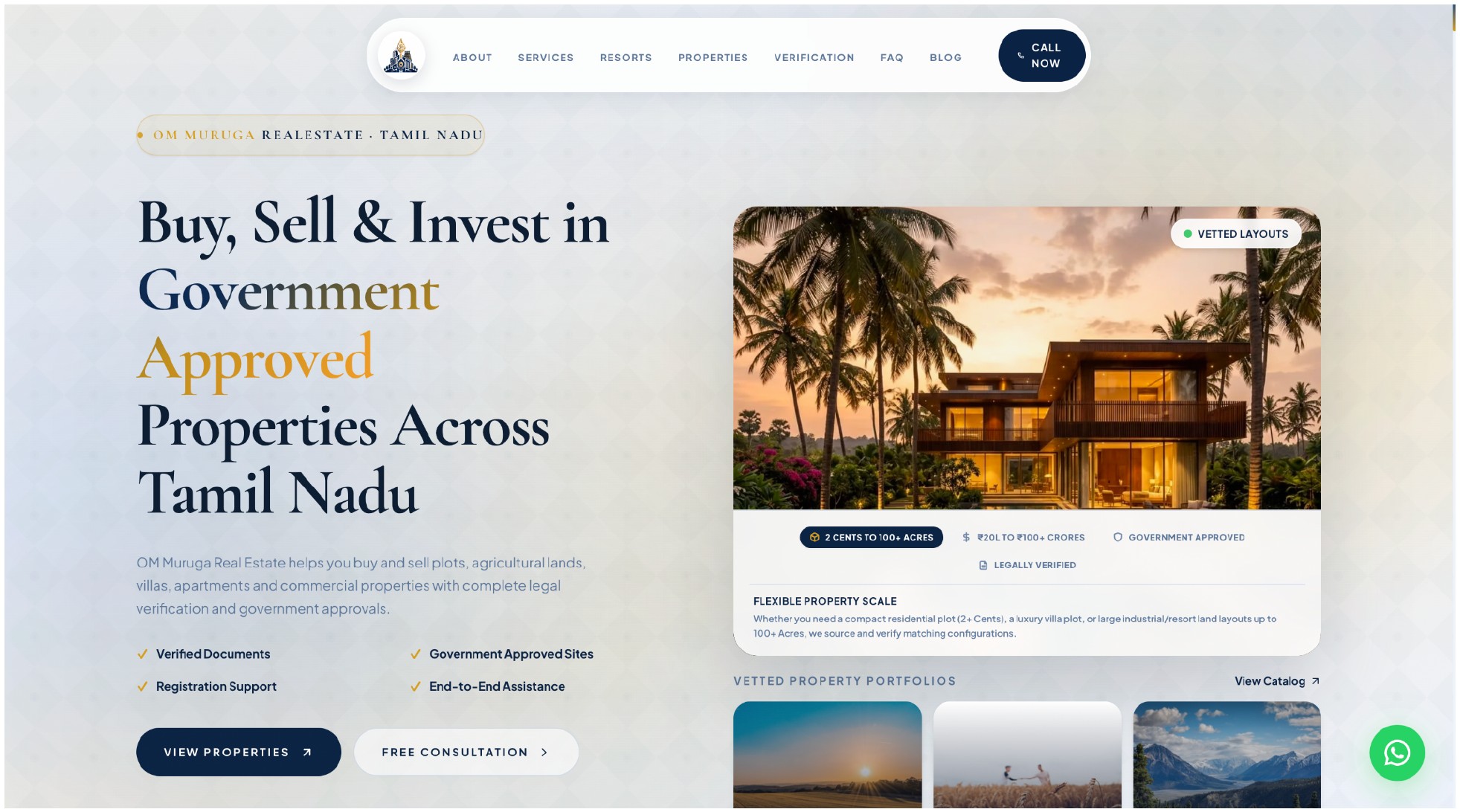 Om Muruga Real Estate homepage hero showing government-approved properties across Tamil Nadu