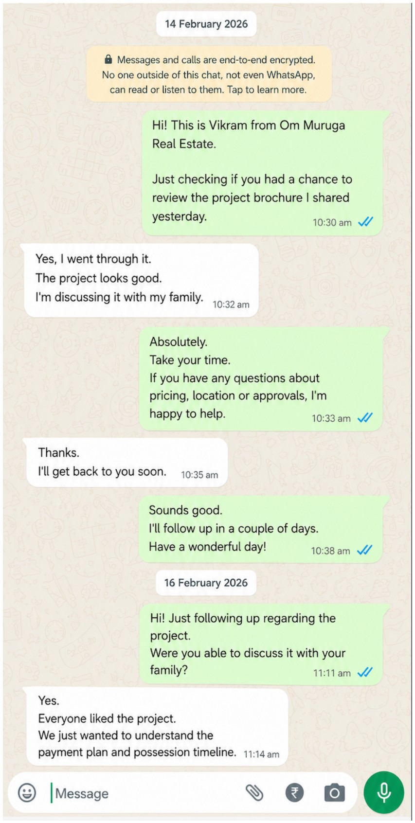 Om Muruga WhatsApp follow-up conversation