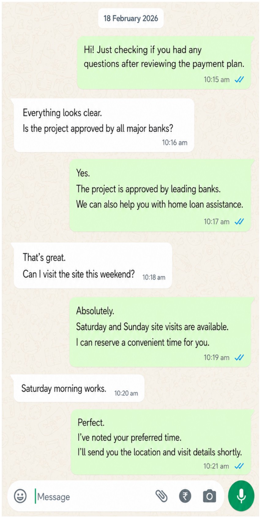 WhatsApp conversation: answering bank approval questions and booking a site visit