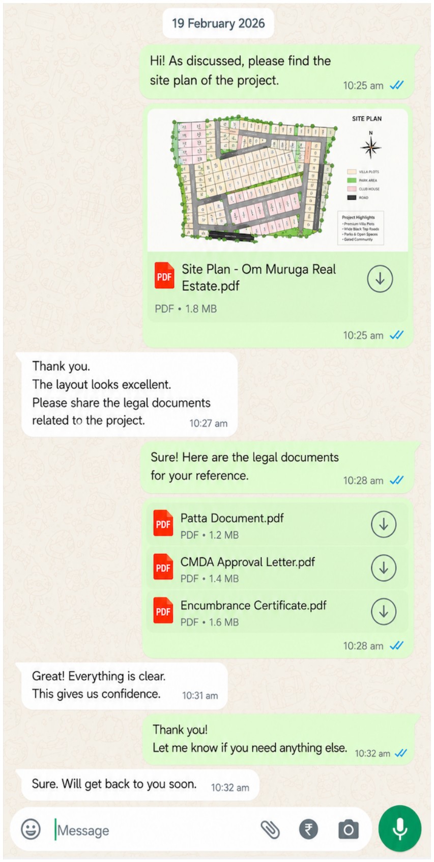 WhatsApp conversation: sharing the site plan and legal documents
