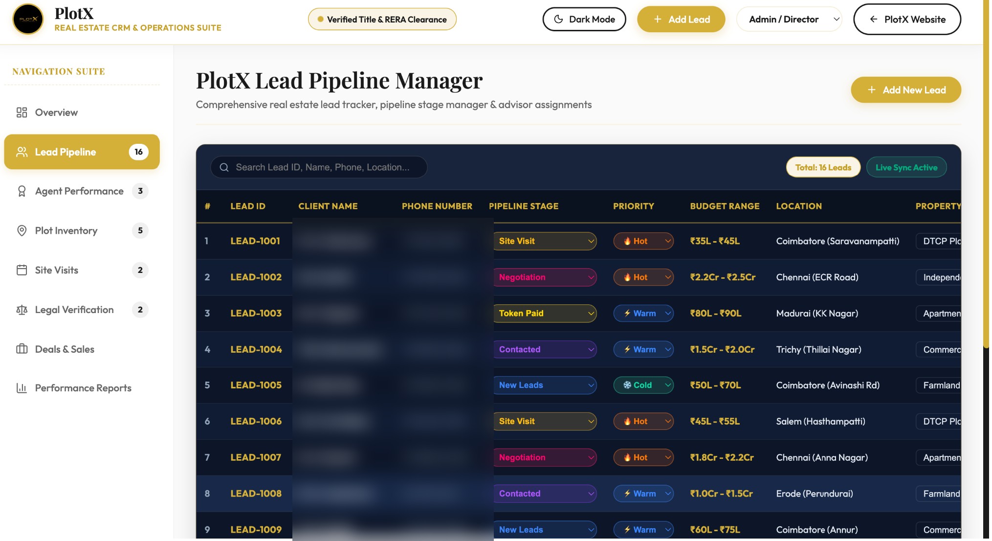 PlotX CRM lead pipeline manager, client names and phone numbers blurred for privacy