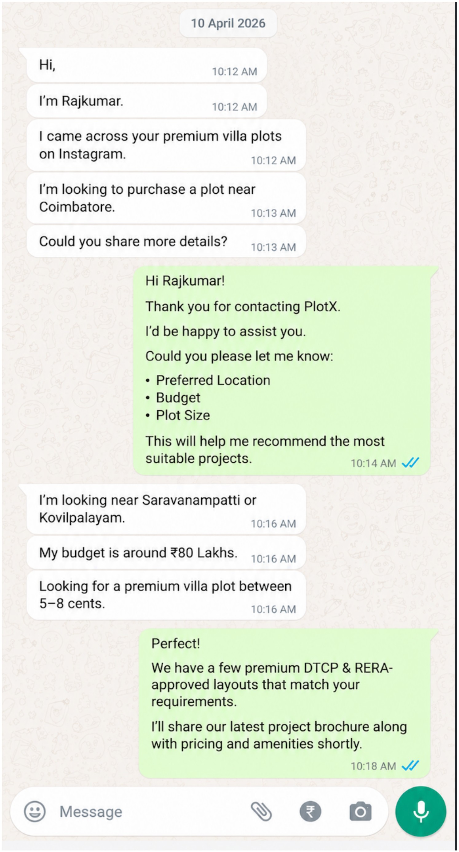 PlotX WhatsApp enquiry conversation