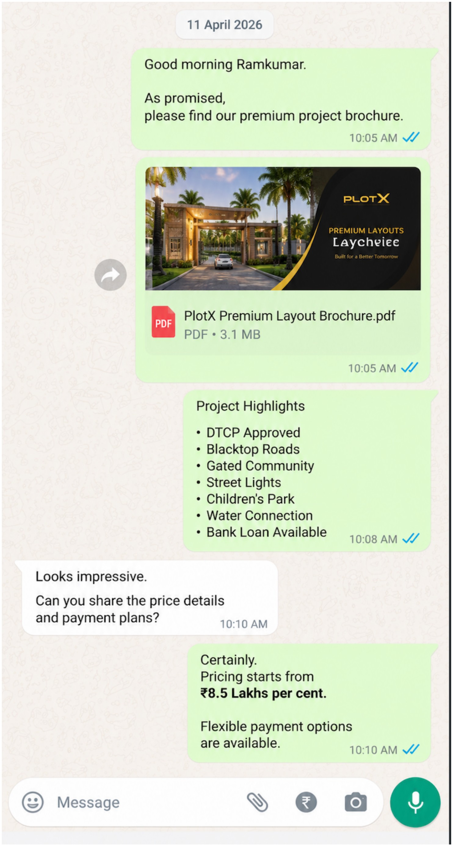WhatsApp conversation: sharing the project brochure and pricing