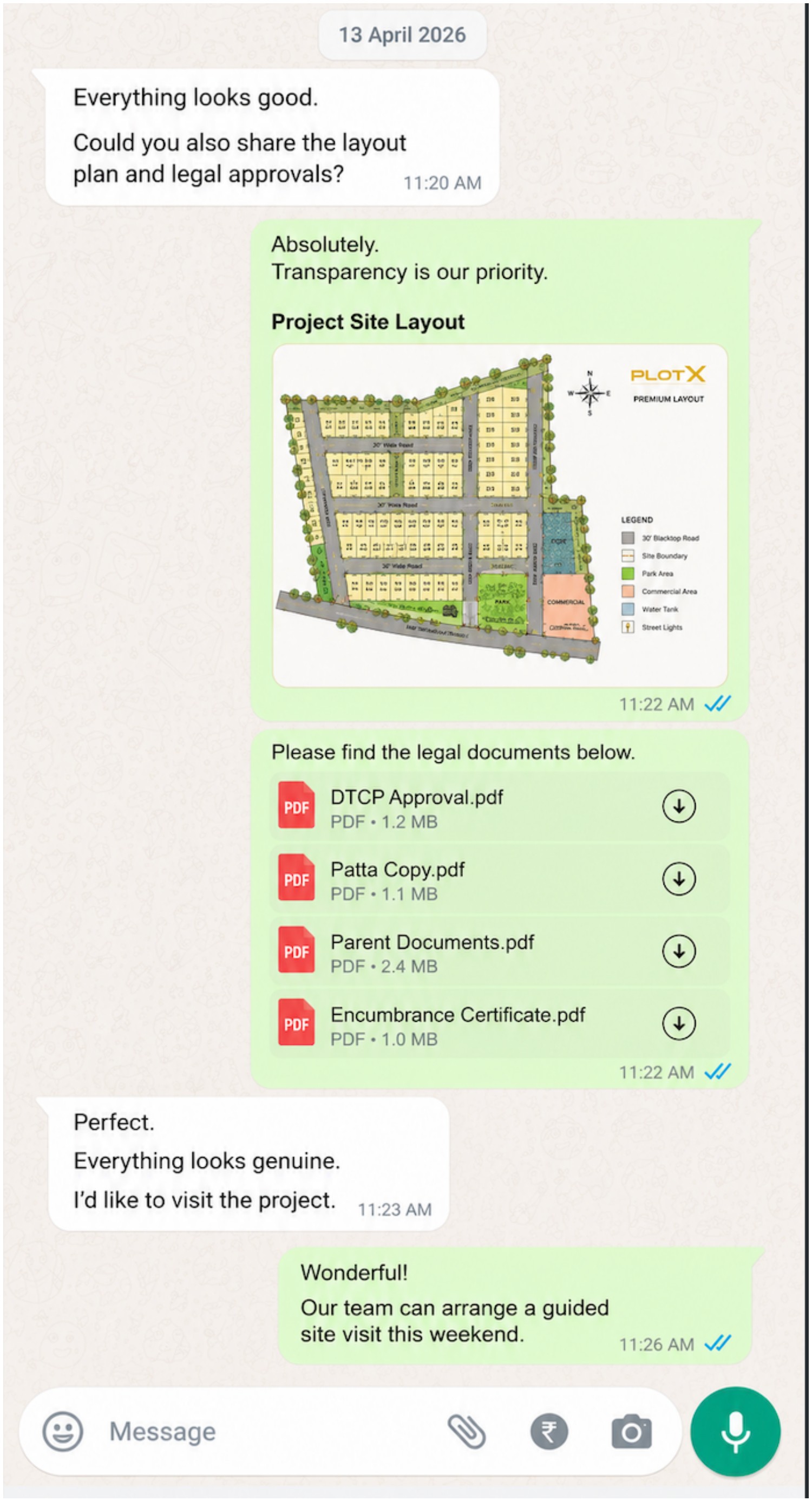 WhatsApp conversation: sharing the site layout plan and legal documents