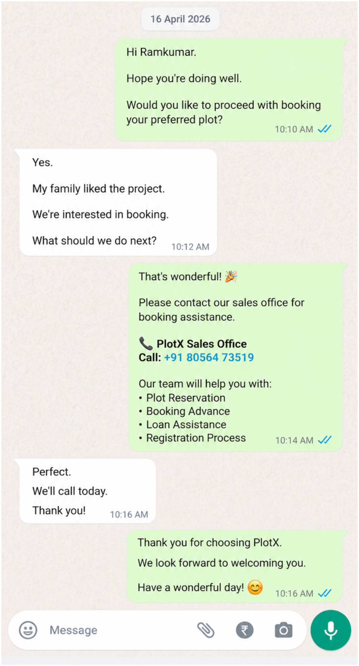 WhatsApp conversation: confirming the booking and next steps