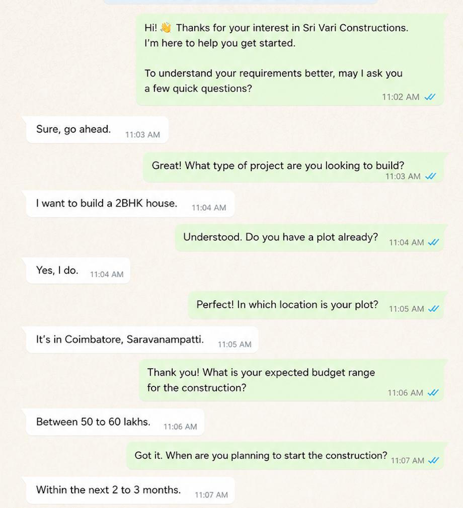 Sri Vari Constructions WhatsApp qualification flow